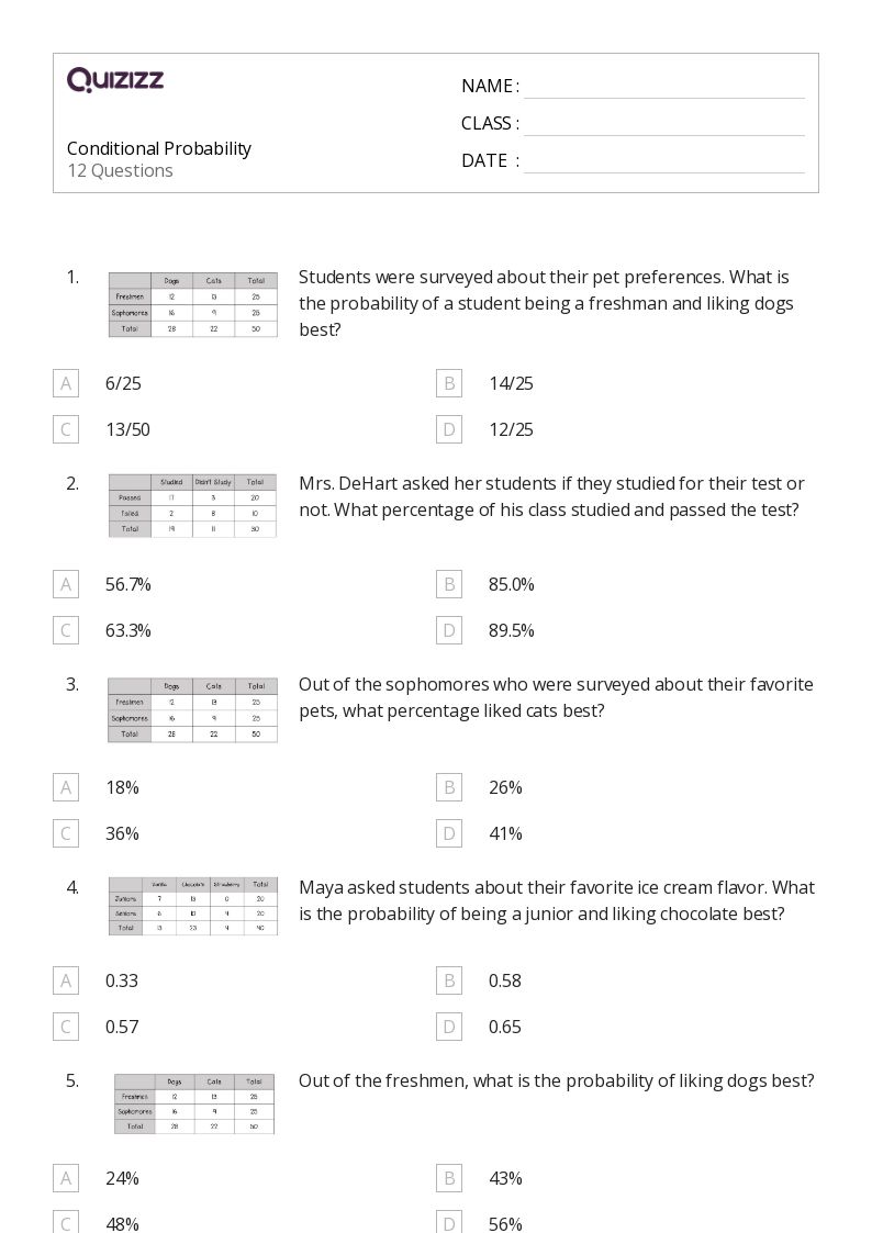 50+ conditional probability worksheets for 12th Class on Quizizz Free & Printable