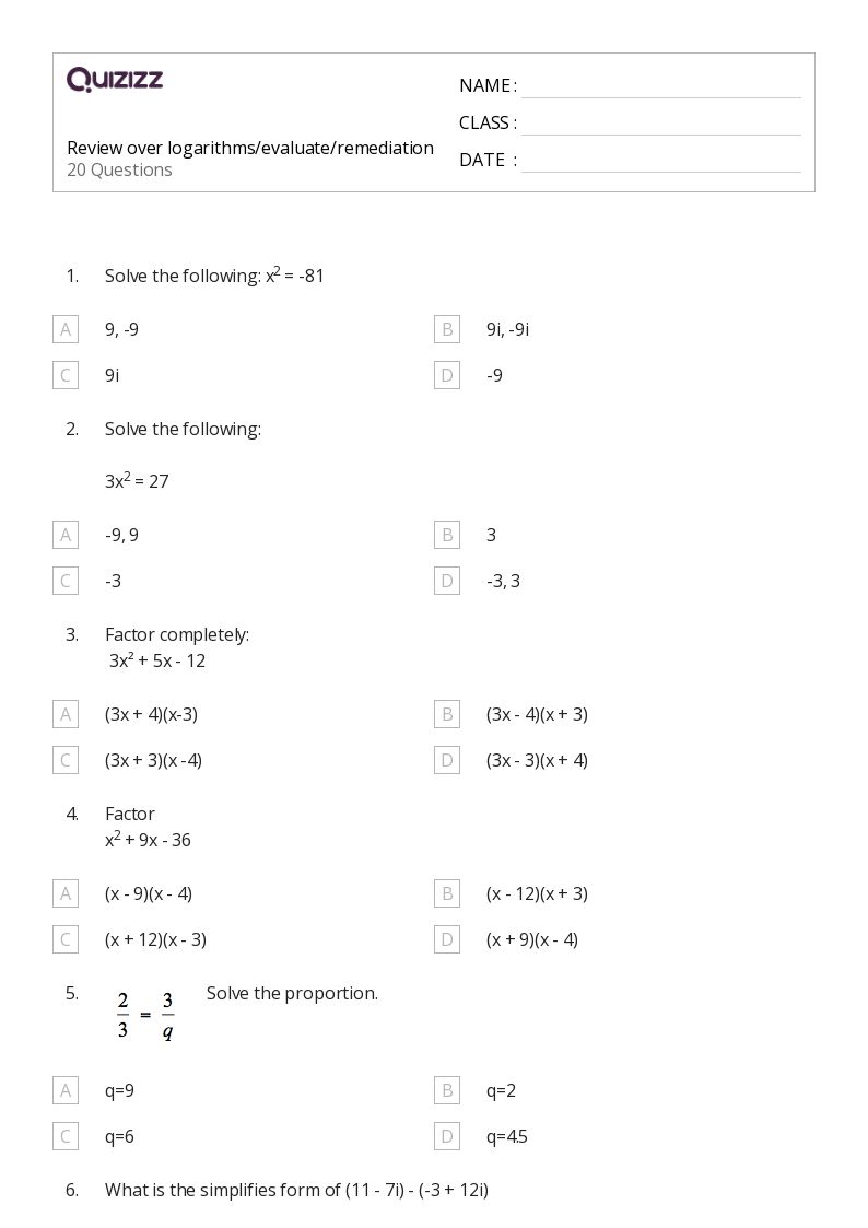 50+ Logarithms worksheets for 11th Class on Quizizz Free & Printable