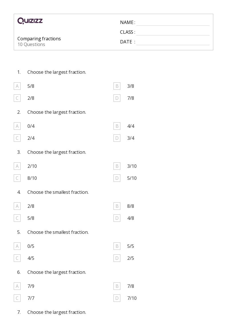 50+ Comparing Fractions worksheets for 3rd Grade on Quizizz Free & Printable