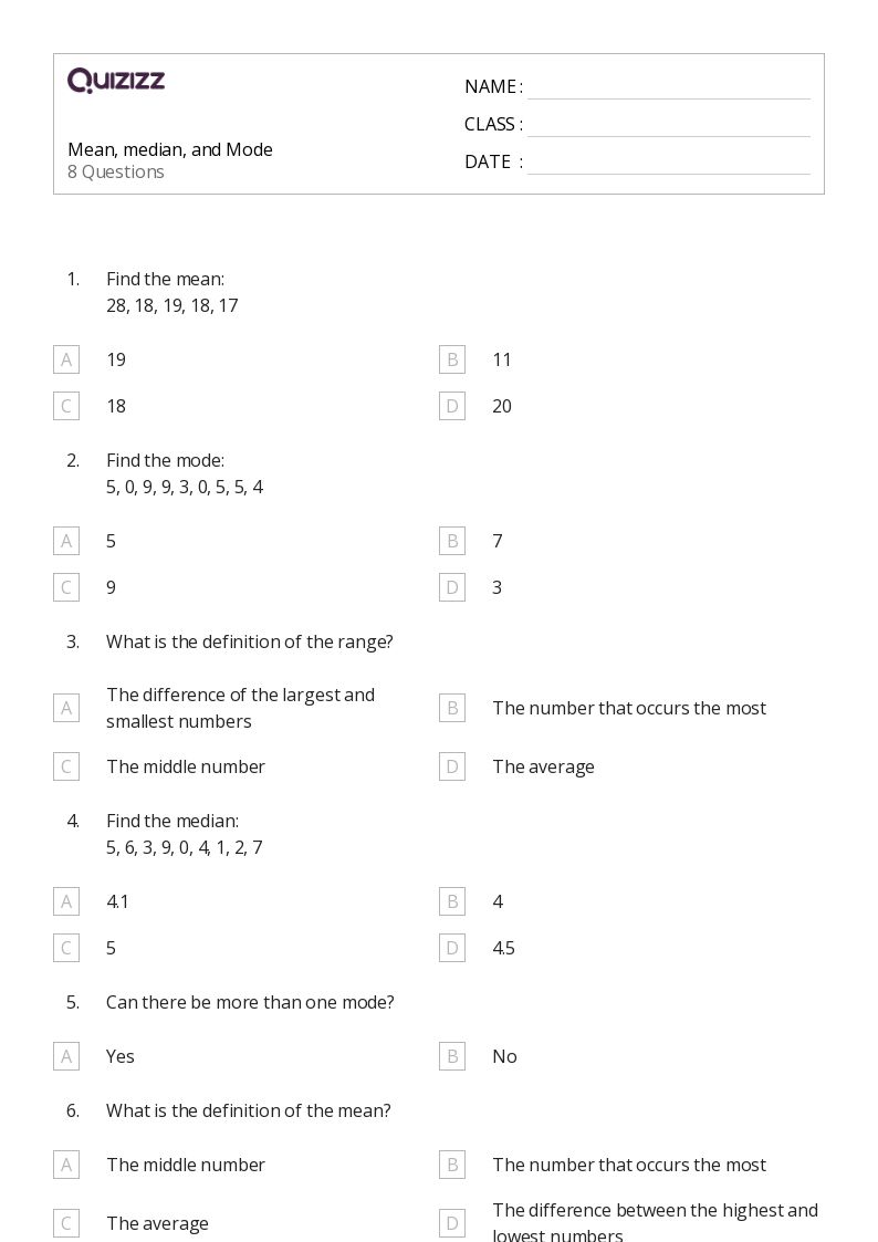 50+ Mean, Median, and Mode worksheets for 8th Grade on Quizizz Free & Printable