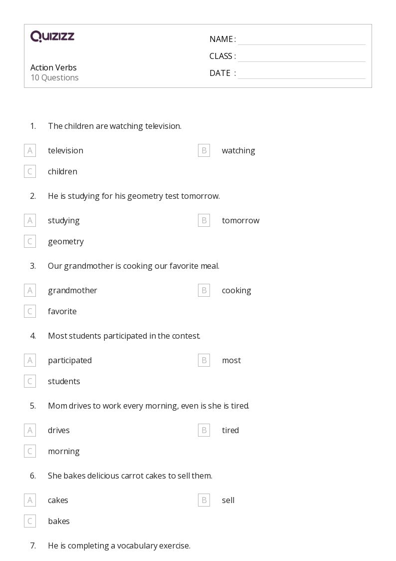 50+ Action Verbs worksheets for 4th Grade on Quizizz Free & Printable