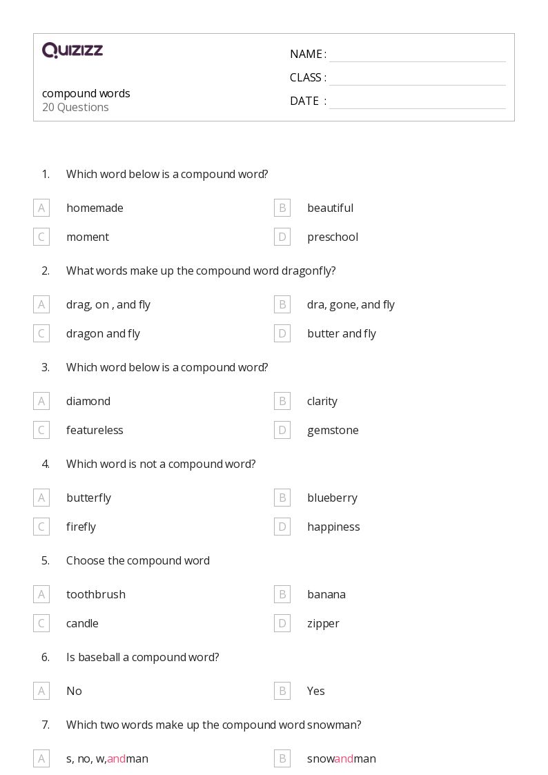 50+ Compound Words worksheets for 5th Class on Quizizz Free & Printable