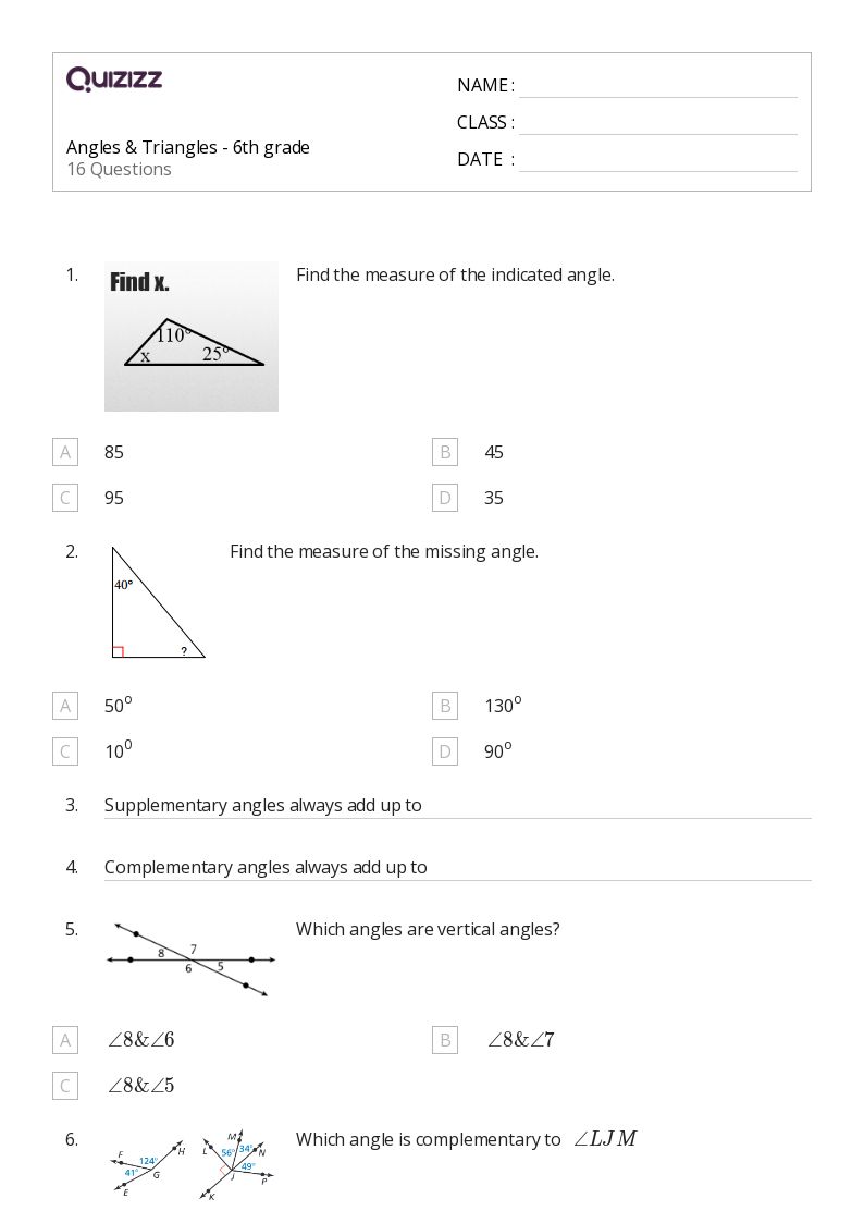 50+ Angles worksheets for 6th Grade on Quizizz Free & Printable