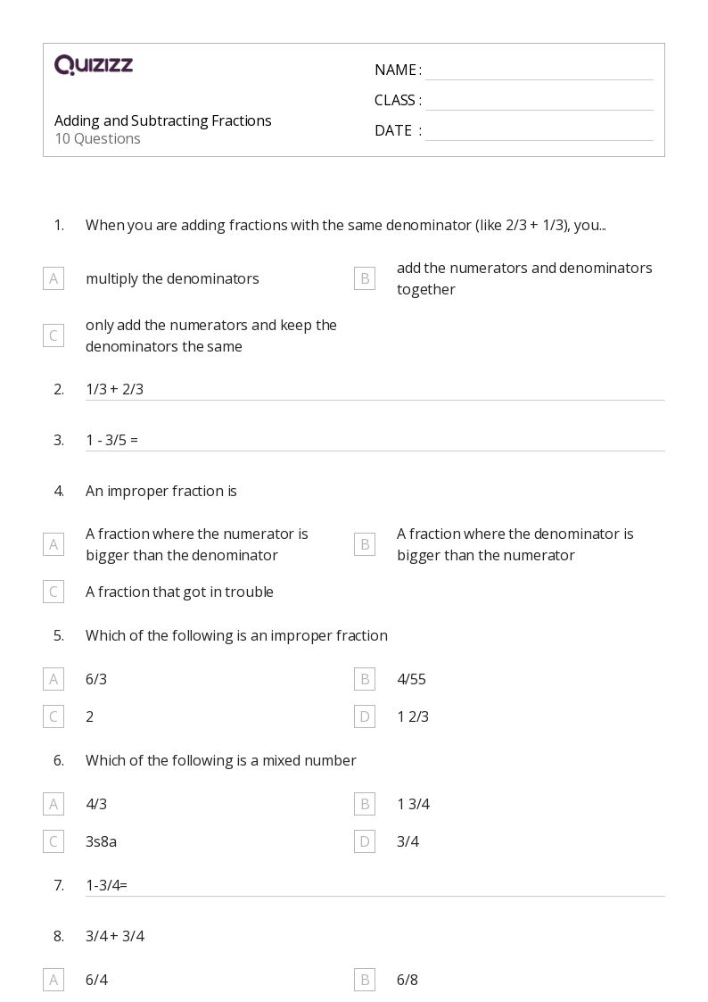 50+ Adding and Subtracting Fractions worksheets for 4th Grade on Quizizz Free & Printable