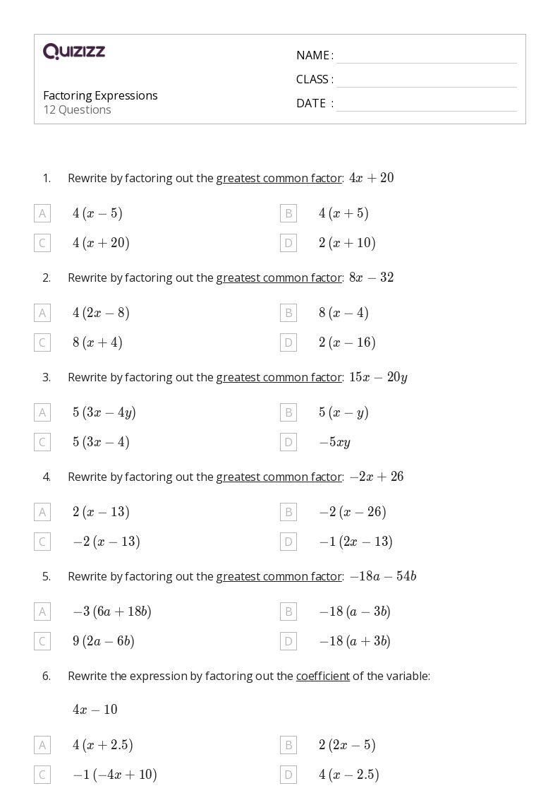 50+ Factoring Expressions worksheets for 8th Grade on Quizizz | Free