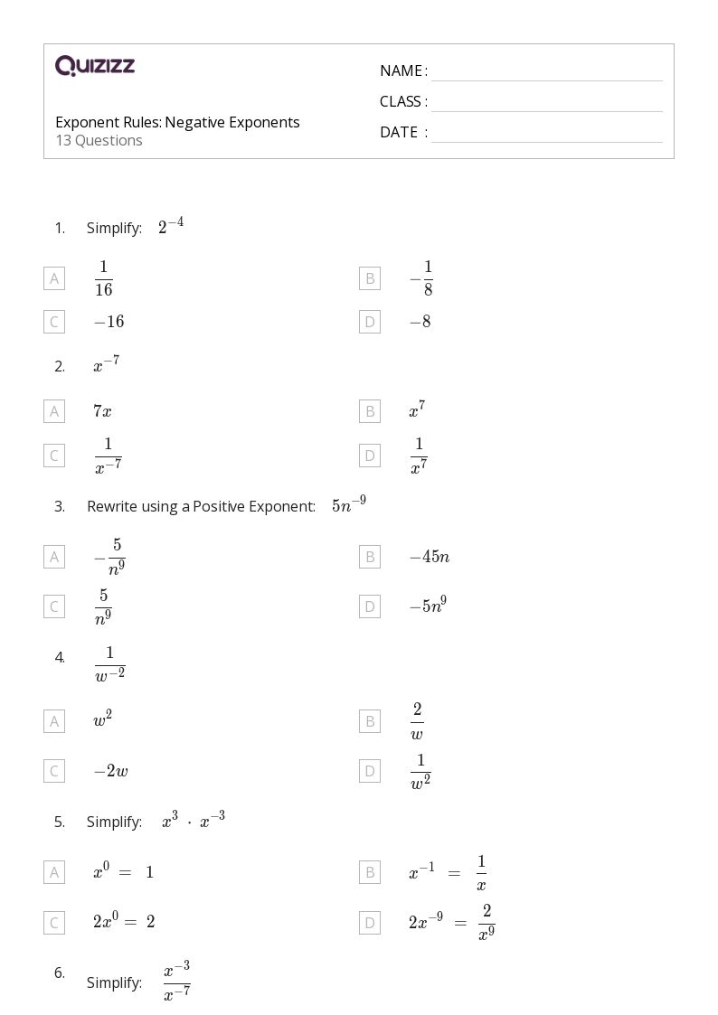 50+ Exponents worksheets for 7th Grade on Quizizz Free & Printable