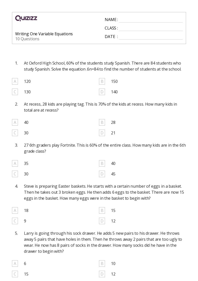 50+ One-Variable Equations worksheets for 8th Grade on Quizizz | Free