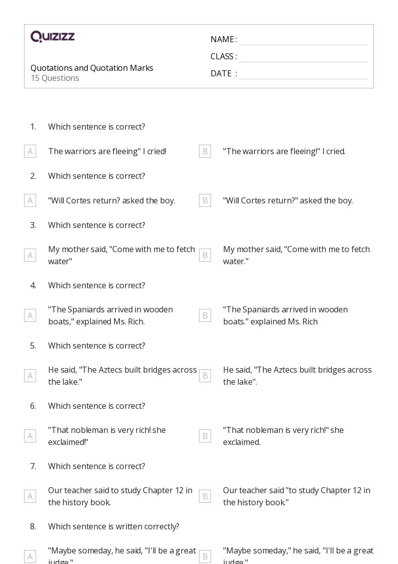 50+ Quotations worksheets for 6th Class on Quizizz Free & Printable