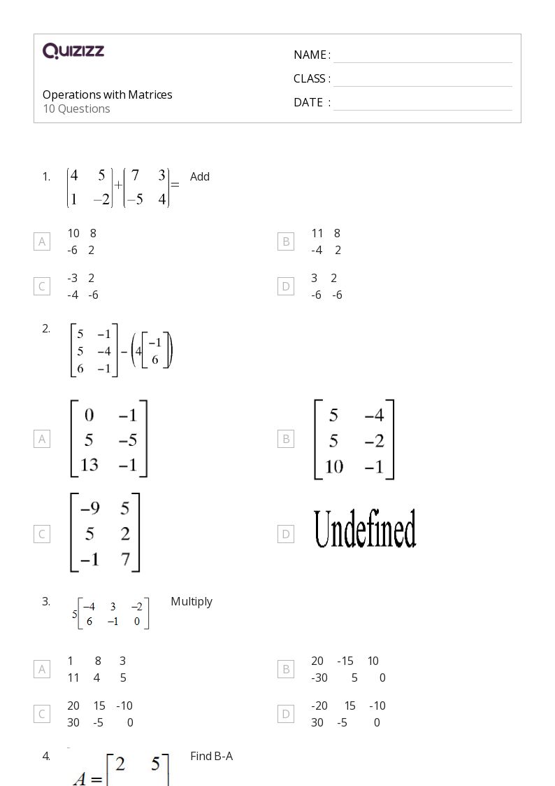 50+ Matrices worksheets on Quizizz | Free & Printable