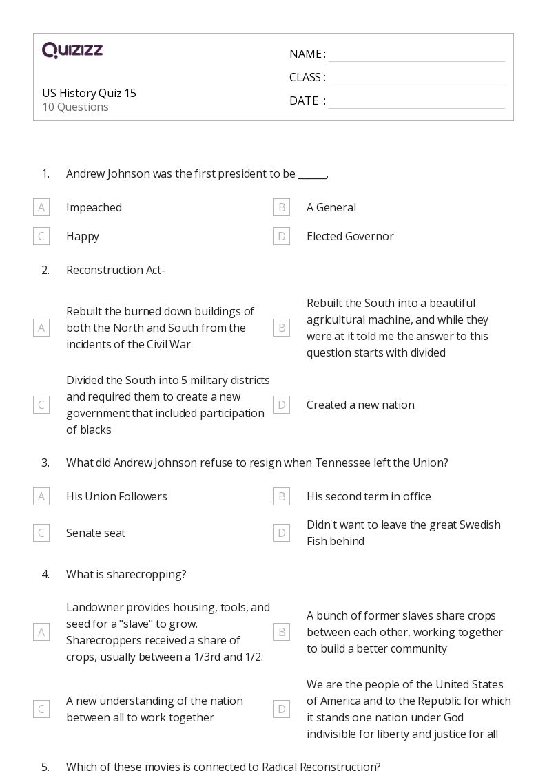 50+ U.S. History worksheets for 7th Grade on Quizizz Free & Printable