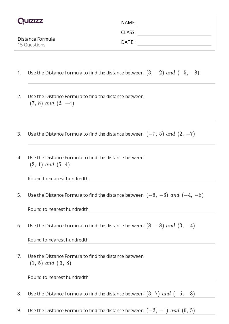 50+ distance formula worksheets for 9th Grade on Quizizz Free & Printable