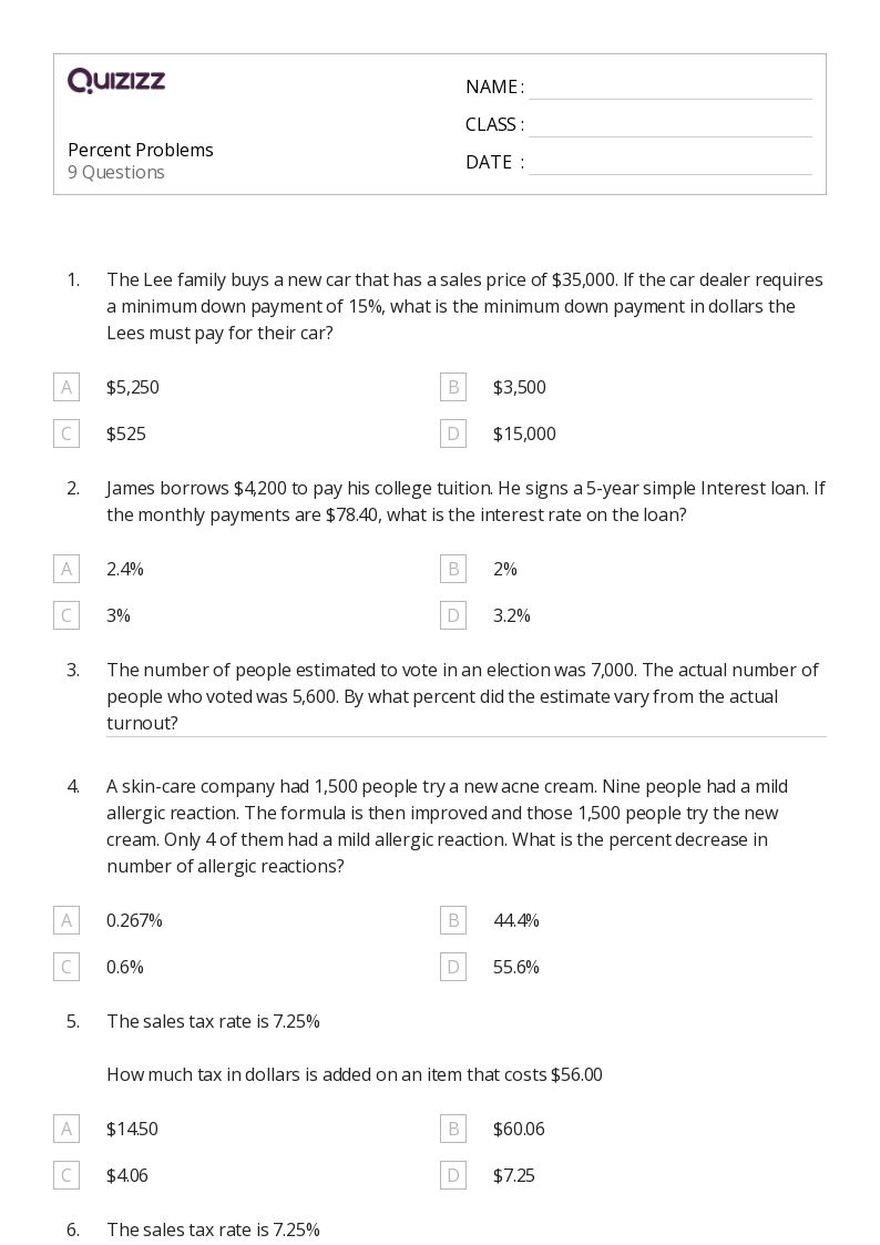 50+ Percent Problems worksheets for 7th Grade on Quizizz | Free & Printable