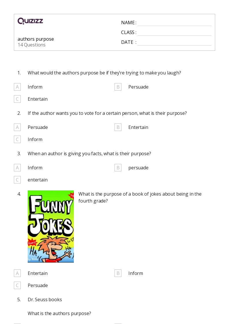 50+ Identifying the Author's Purpose worksheets for 3rd Grade on Quizizz Free & Printable