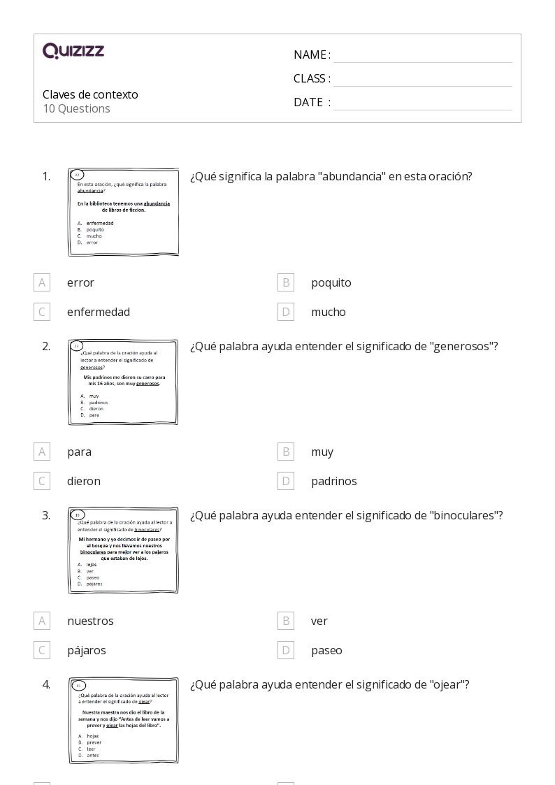 50+ Determinar el significado usando claves de contexto hojas de