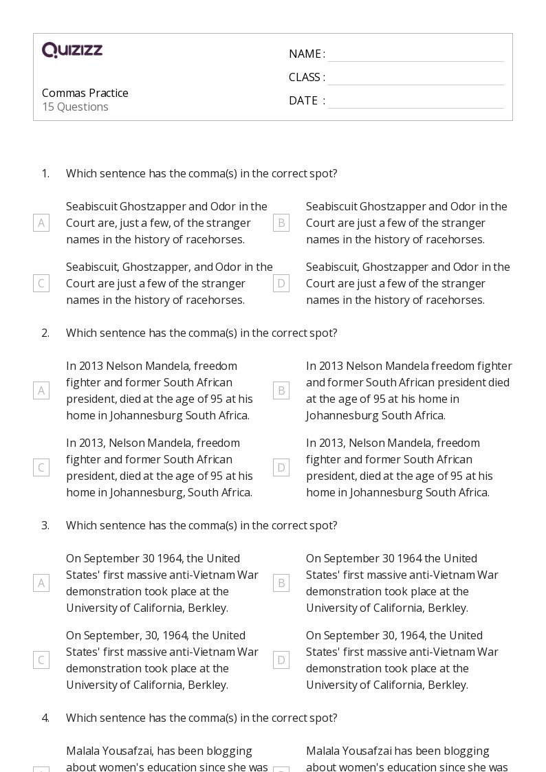 50+ Commas worksheets for 7th Grade on Quizizz Free & Printable