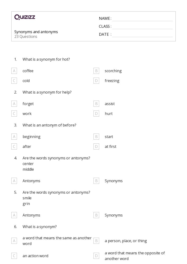 50+ Synonyms and Antonyms worksheets for 4th Class on Quizizz Free