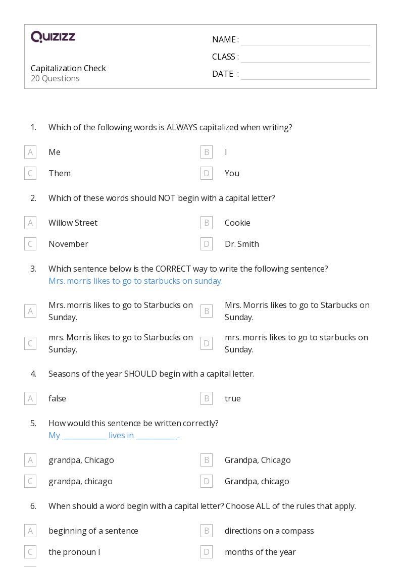 50+ Words Capitalization worksheets for 6th Grade on Quizizz Free & Printable