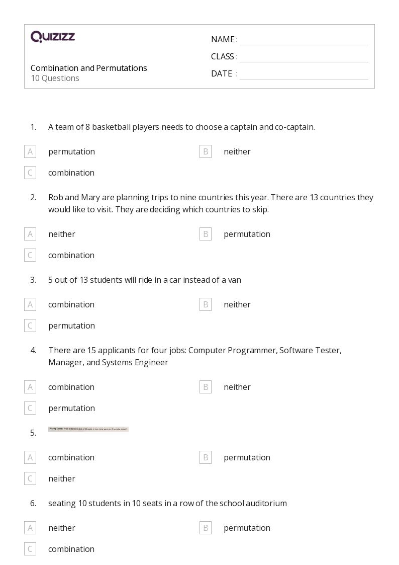 50+ permutation and combination worksheets on Quizizz Free & Printable