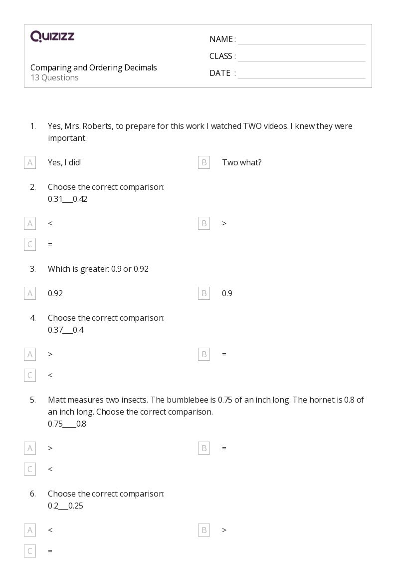 50+ Ordering Decimals worksheets for 4th Grade on Quizizz | Free