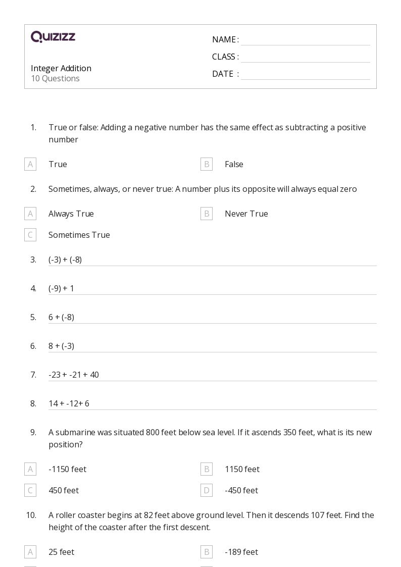 50+ Addition worksheets for 7th Grade on Quizizz Free & Printable