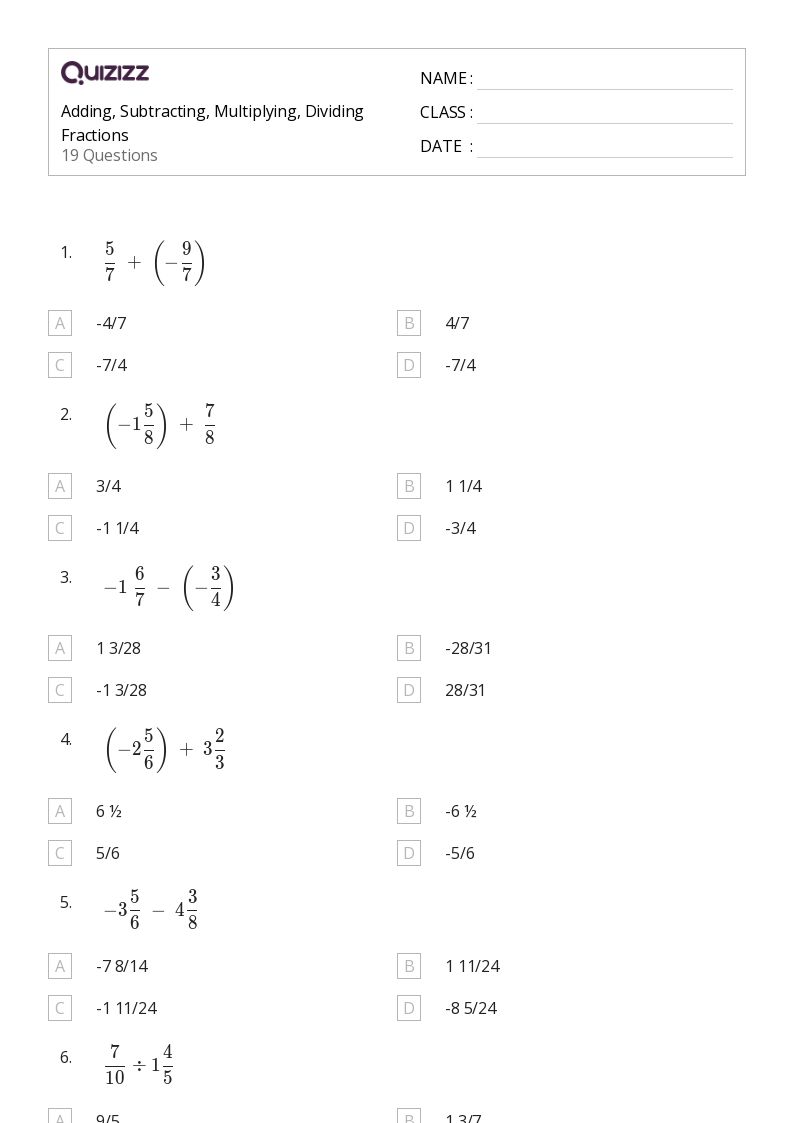 50+ Dividing Fractions worksheets for 7th Grade on Quizizz Free & Printable