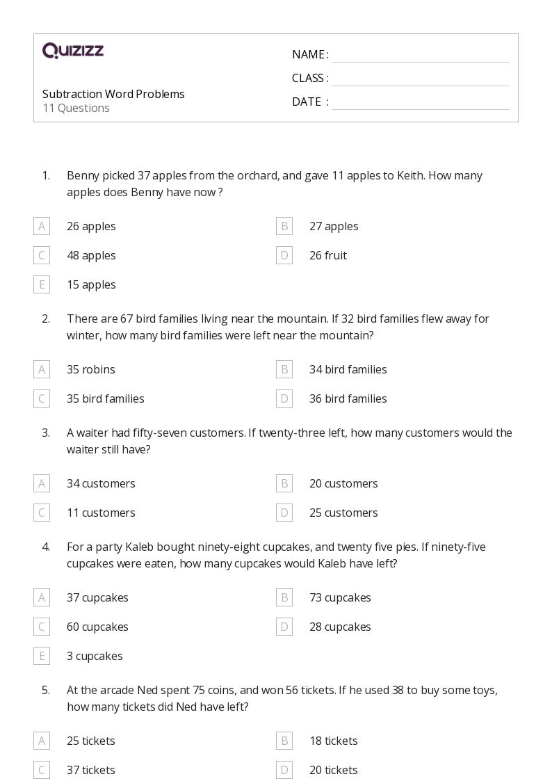 50+ Subtraction Word Problems worksheets for 4th Class on Quizizz
