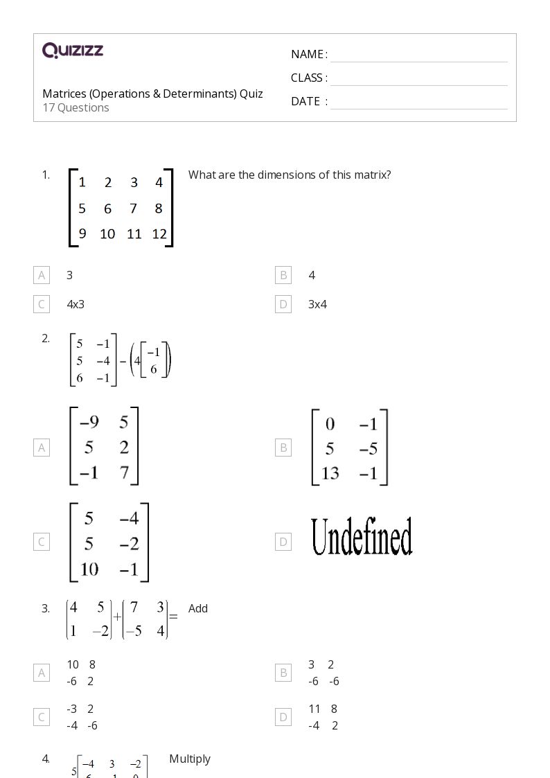 50+ Matrices worksheets for 12th Grade on Quizizz Free & Printable