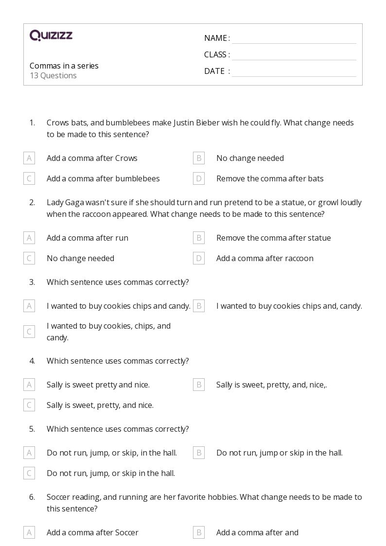 50+ Commas in a Series worksheets for 4th Class on Quizizz | Free