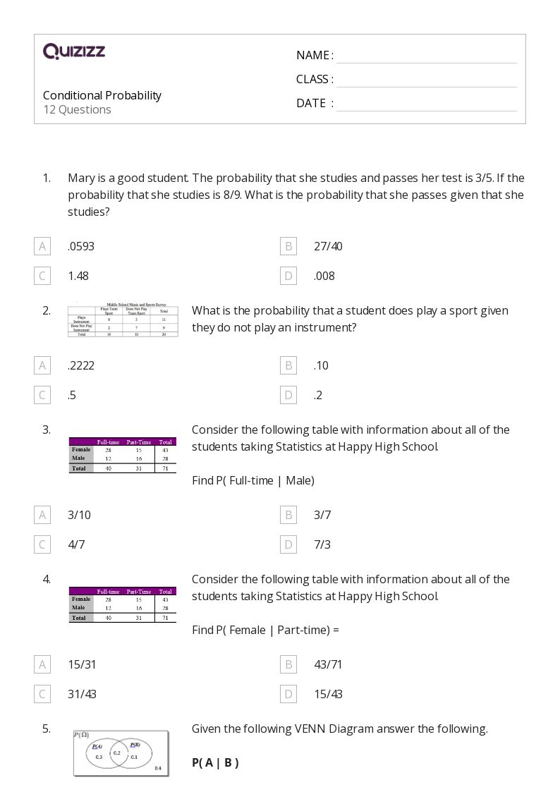 Printable conditional probability Worksheets | Quizizz