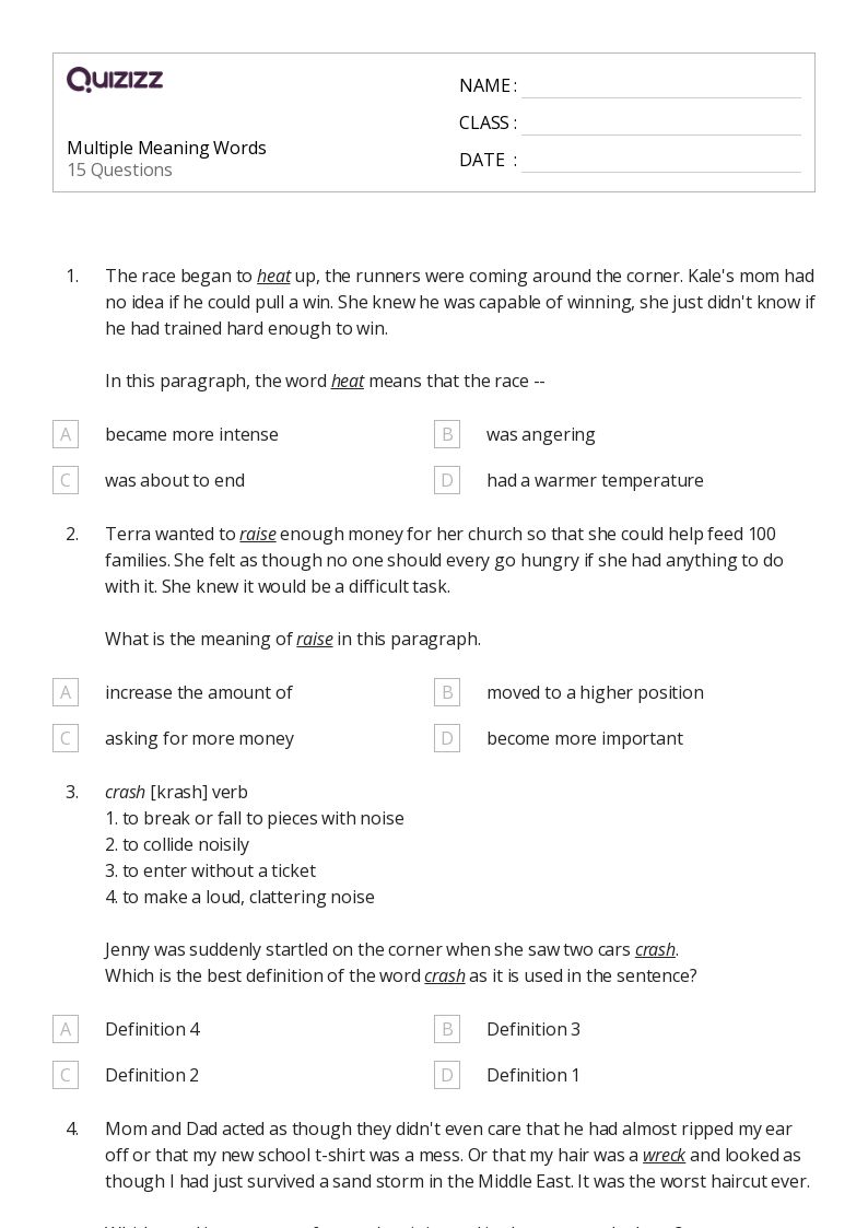 50+ Shades of Meaning worksheets for 4th Class on Quizizz Free