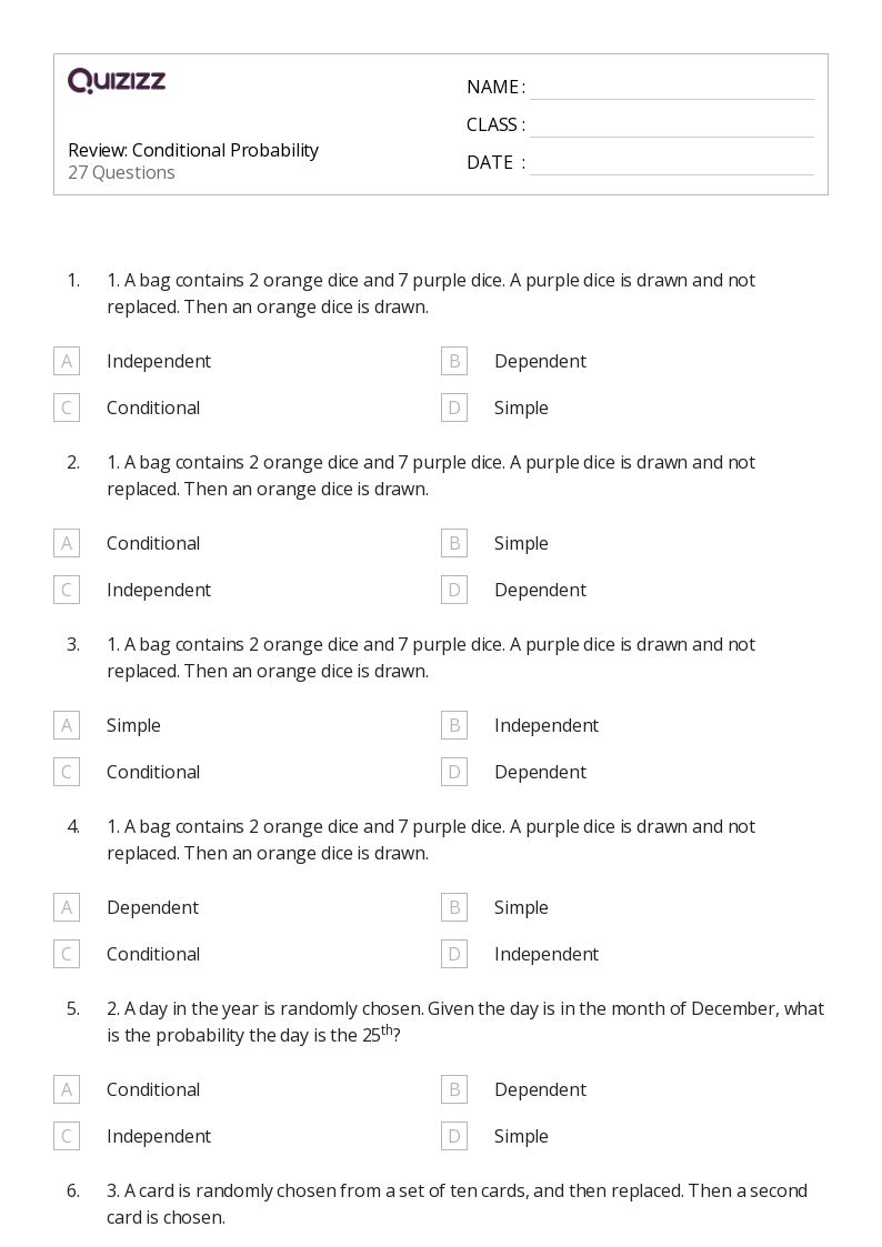 50+ conditional probability worksheets for 9th Grade on Quizizz Free & Printable