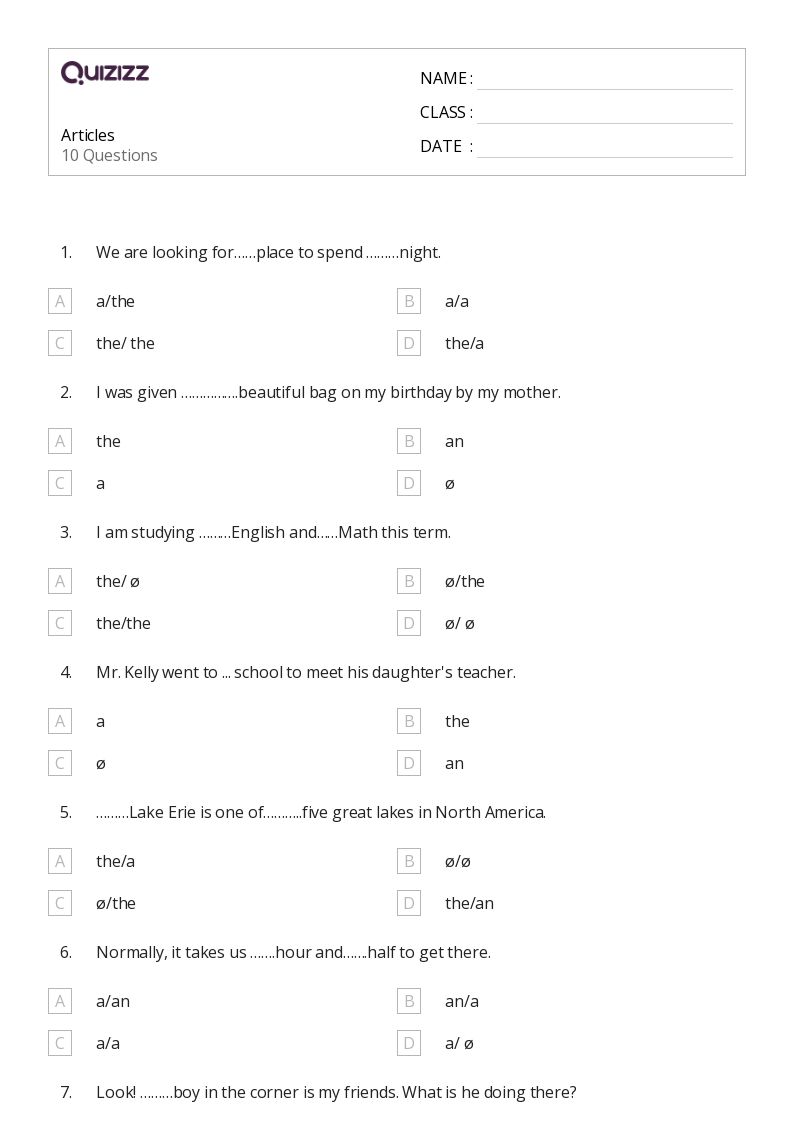 50+ Articles worksheets for Kindergarten on Quizizz Free & Printable