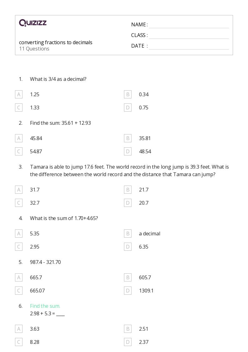 50+ Converting Decimals and Fractions worksheets for 8th Grade on Quizizz Free & Printable