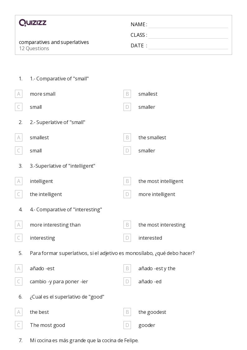50+ Comparatives and Superlatives worksheets for 8th Class on Quizizz Free & Printable