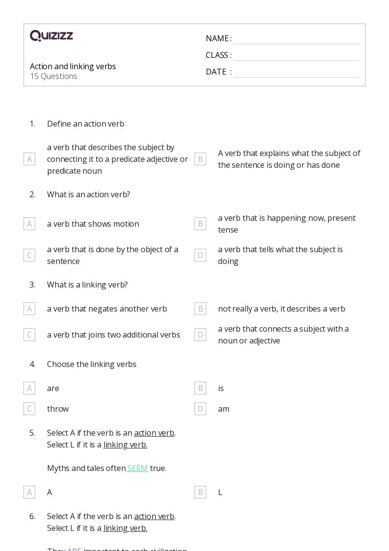 50+ Linking Verbs worksheets for 7th Grade on Quizizz Free & Printable
