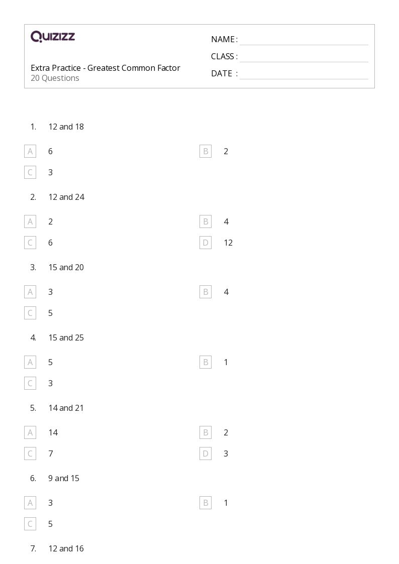 50+ Greatest Common Factor worksheets for 5th Grade on Quizizz | Free
