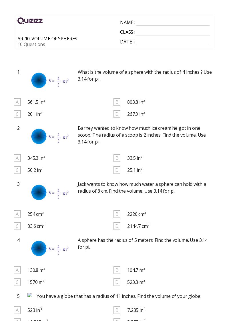 50+ Volume of a Sphere worksheets for 4th Year on Quizizz Free & Printable