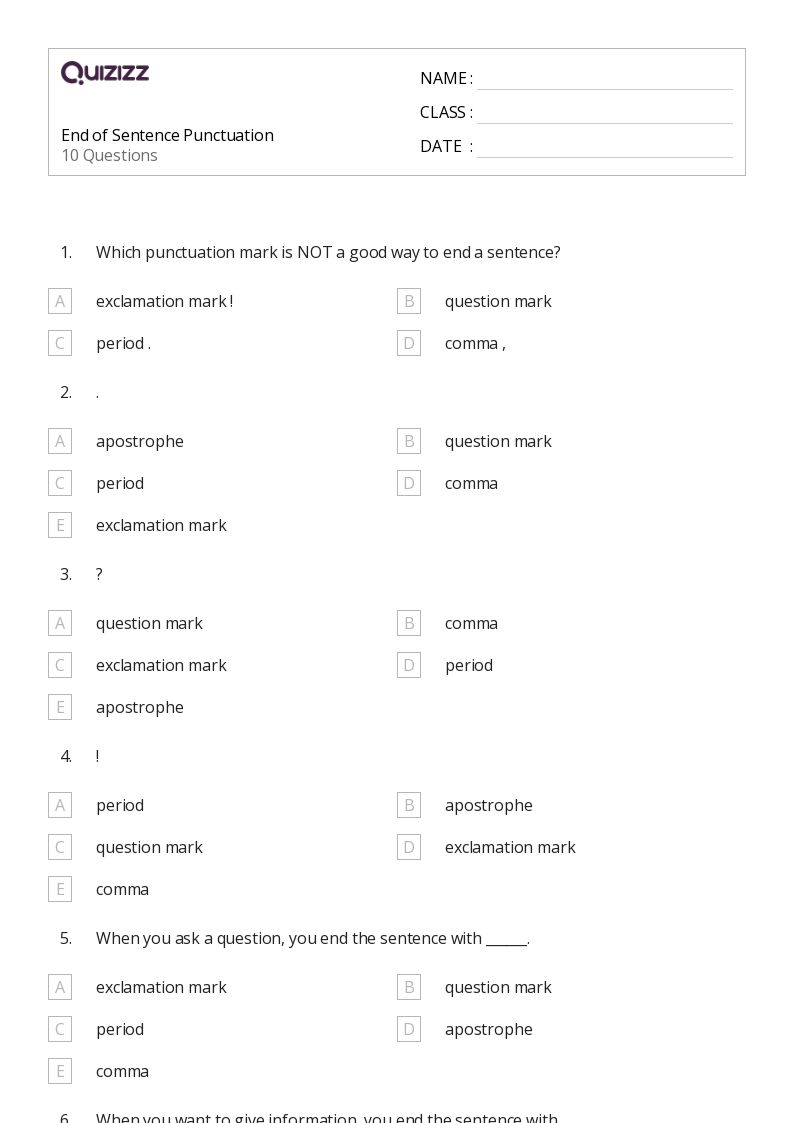 50+ Sentences Punctuation worksheets for Kindergarten on Quizizz Free & Printable