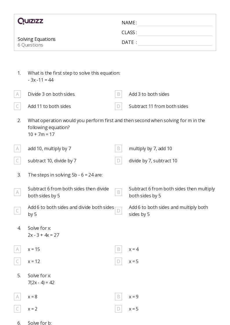 50+ Solving Equations worksheets for 4th Class on Quizizz | Free