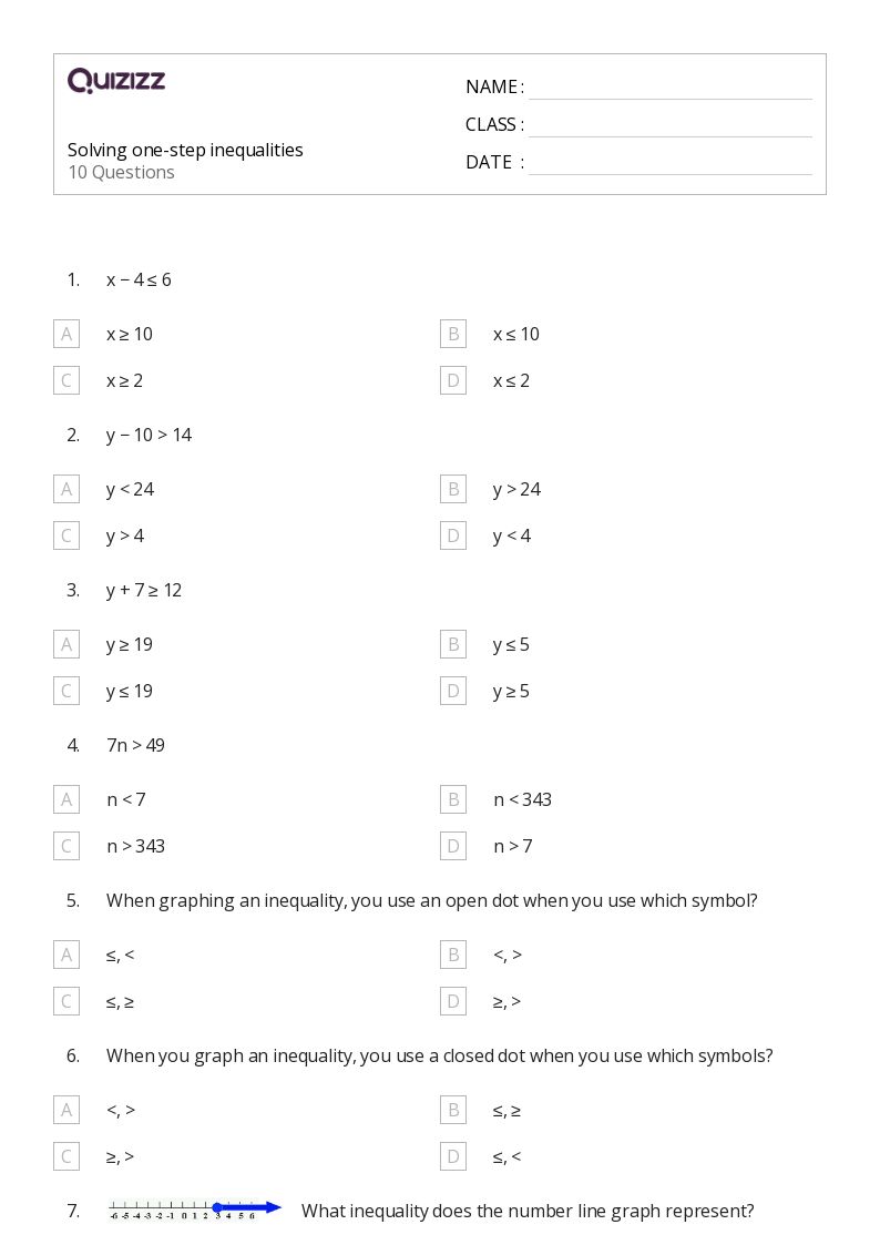 50+ OneStep Inequalities worksheets for 6th Grade on Quizizz Free & Printable