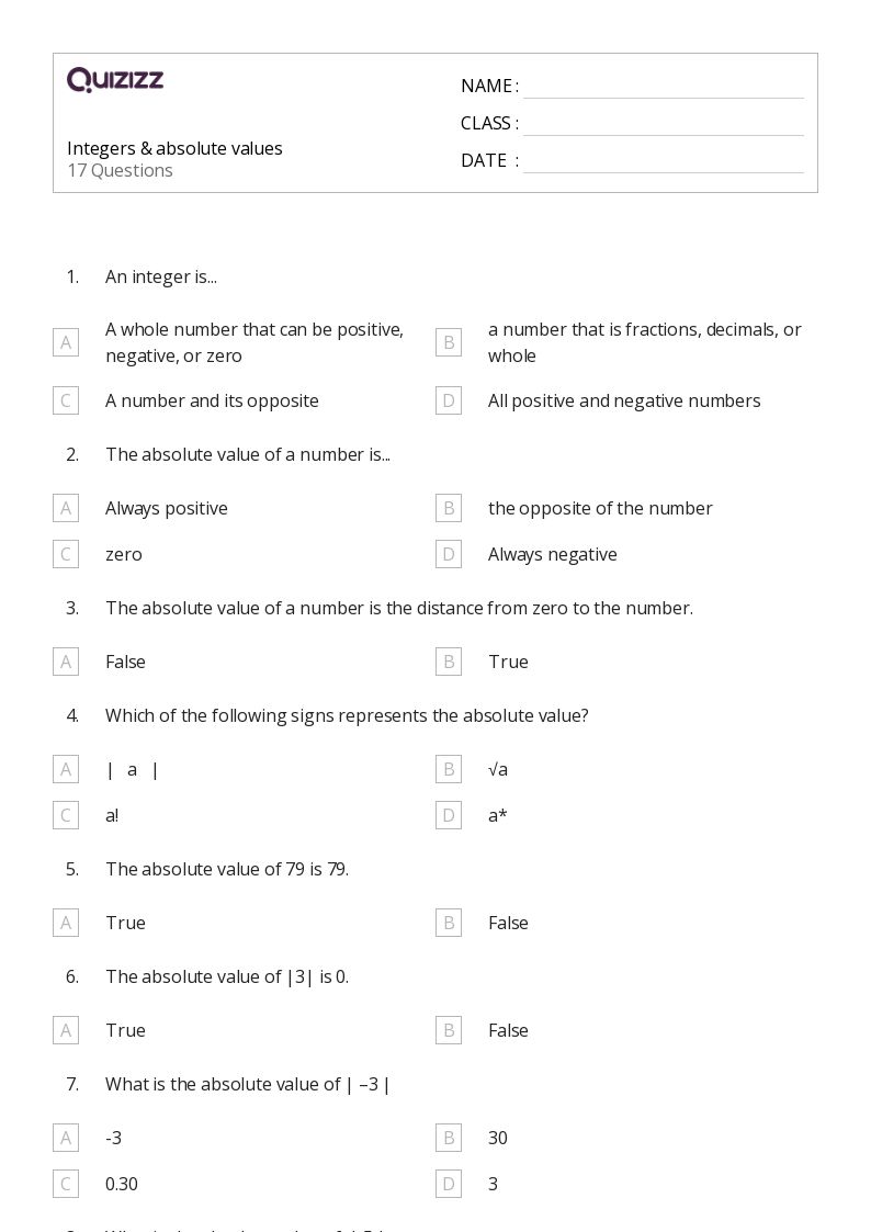 50+ Absolute Value worksheets for 7th Grade on Quizizz Free & Printable