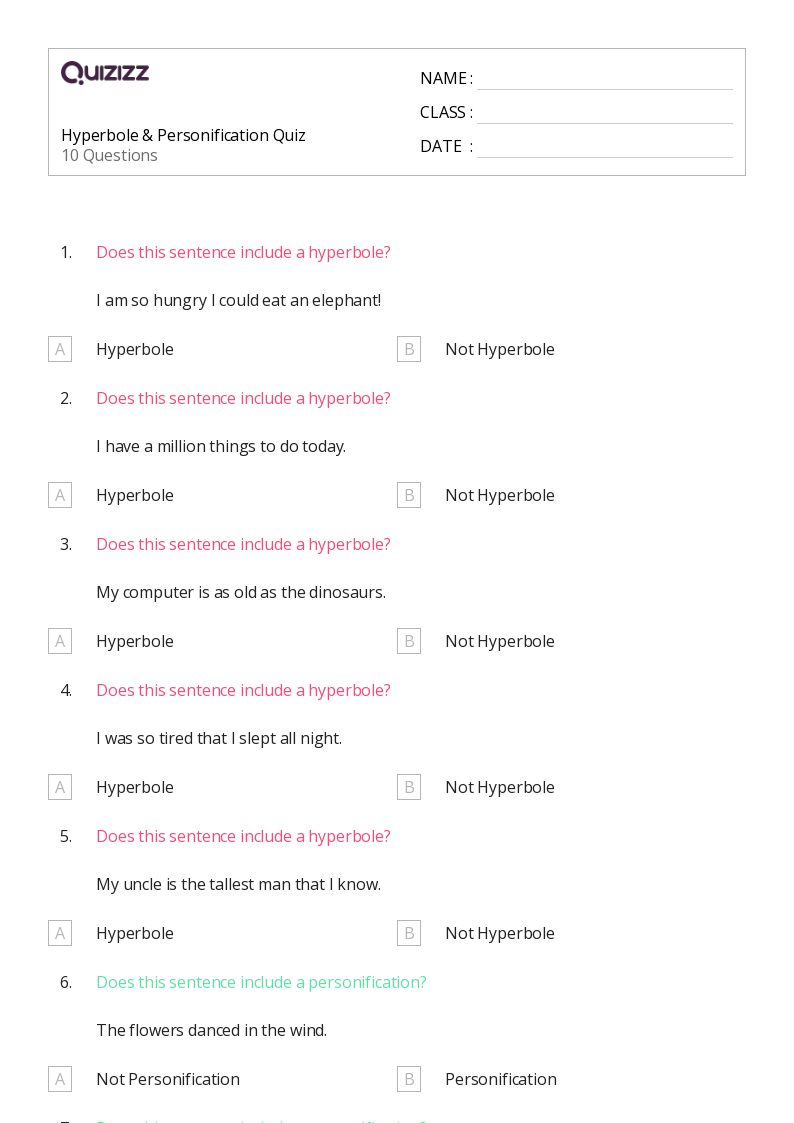 50+ Hyperbole worksheets for 6th Grade on Quizizz Free & Printable