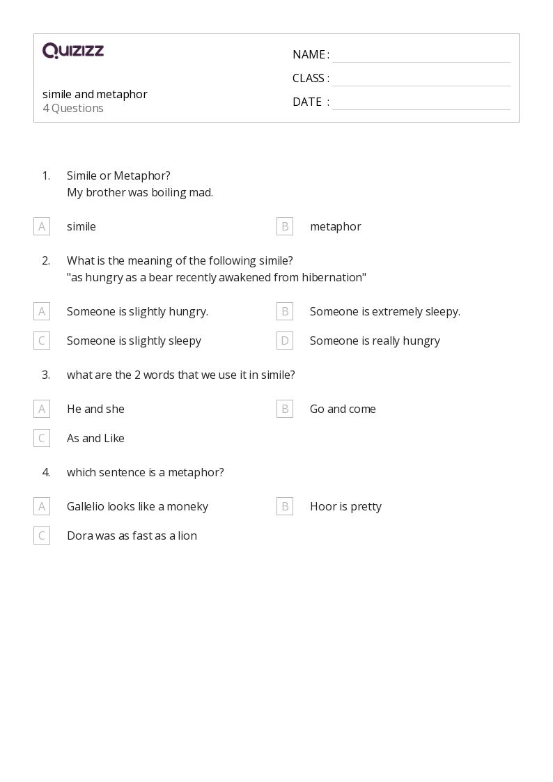 50+ Metaphors worksheets for 1st Year on Quizizz Free & Printable