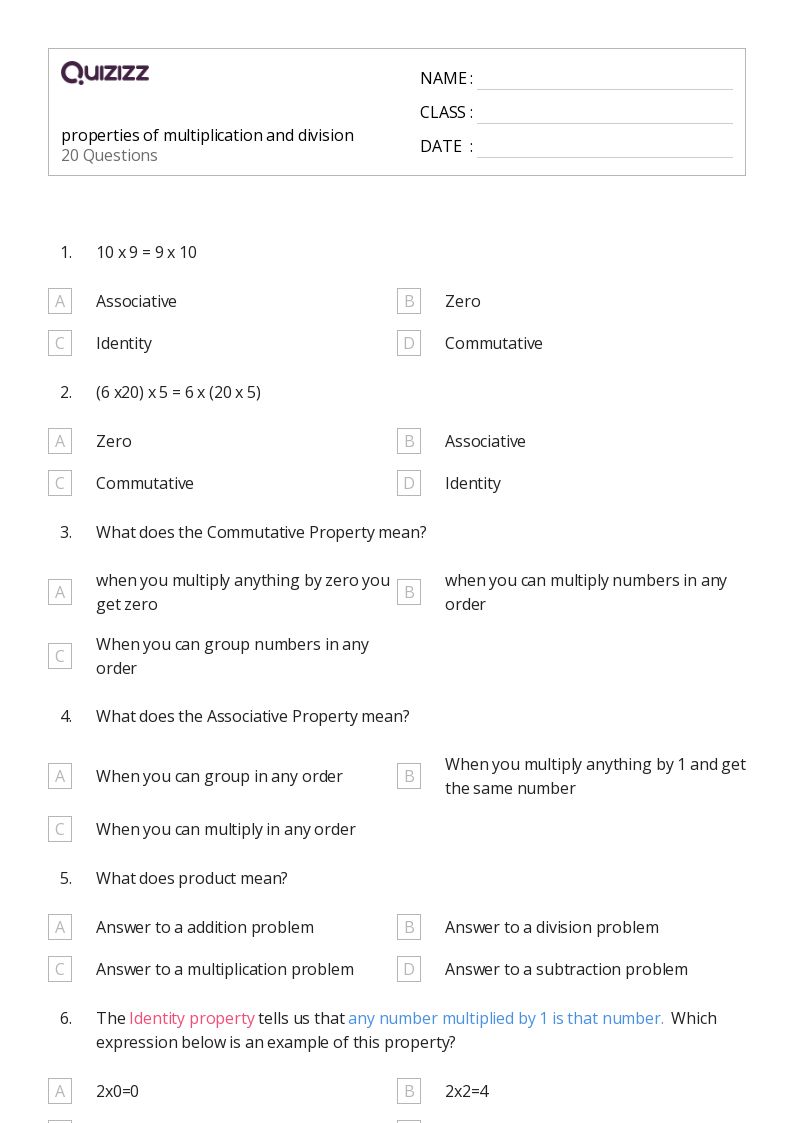 50+ Properties of Multiplication worksheets on Quizizz Free & Printable