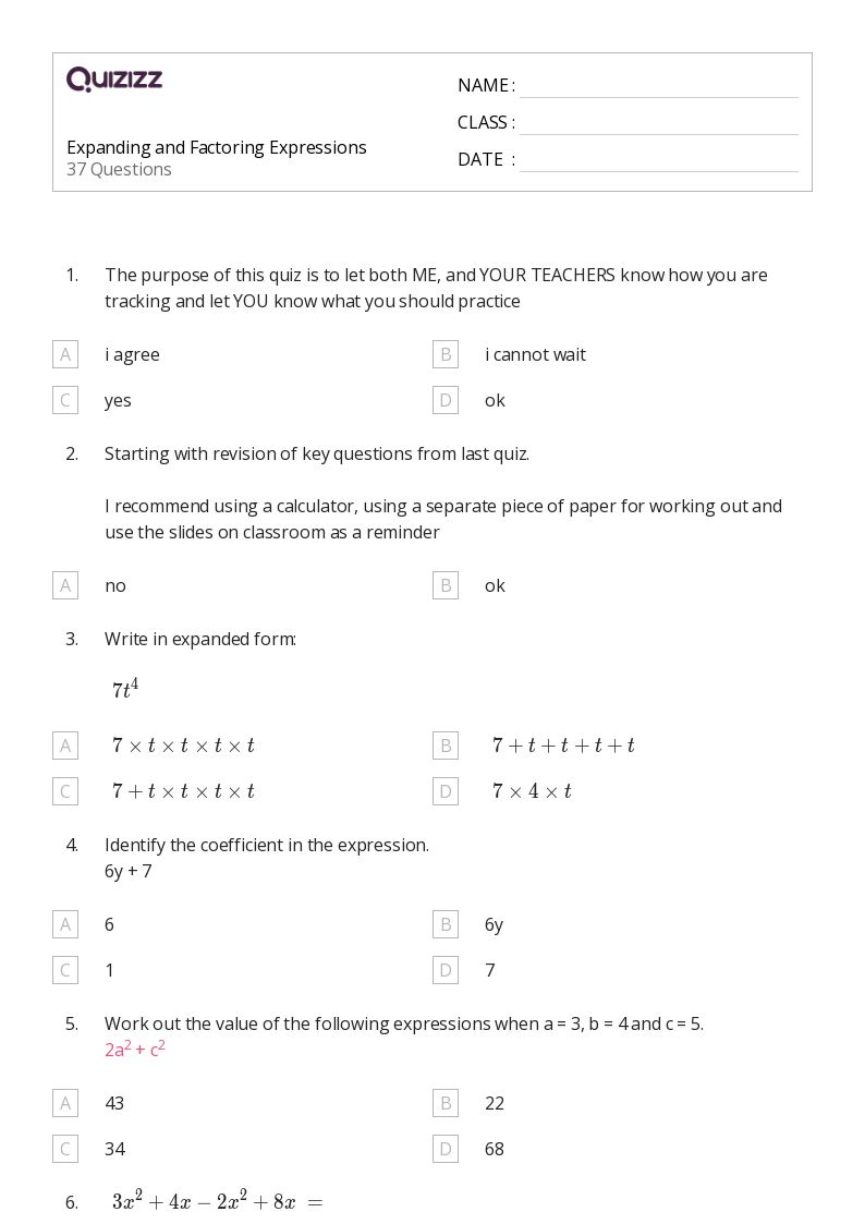 50+ Factoring Expressions worksheets for 8th Year on Quizizz Free & Printable