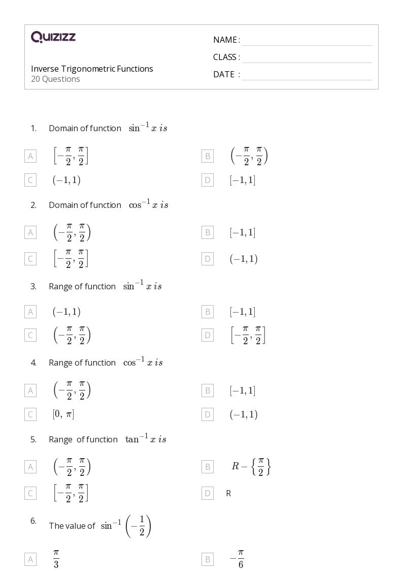 50+ inverse trigonometric functions worksheets for 12th Year on Quizizz