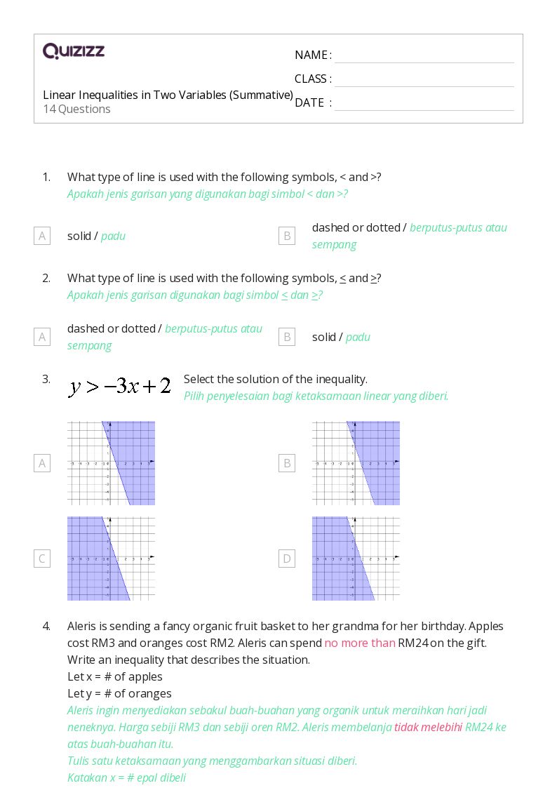 50+ two variable inequalities worksheets for 10th Year on Quizizz