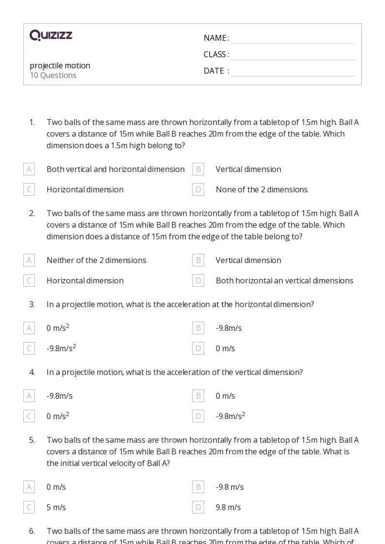 50+ projectile motion worksheets for 9th Grade on Quizizz | Free