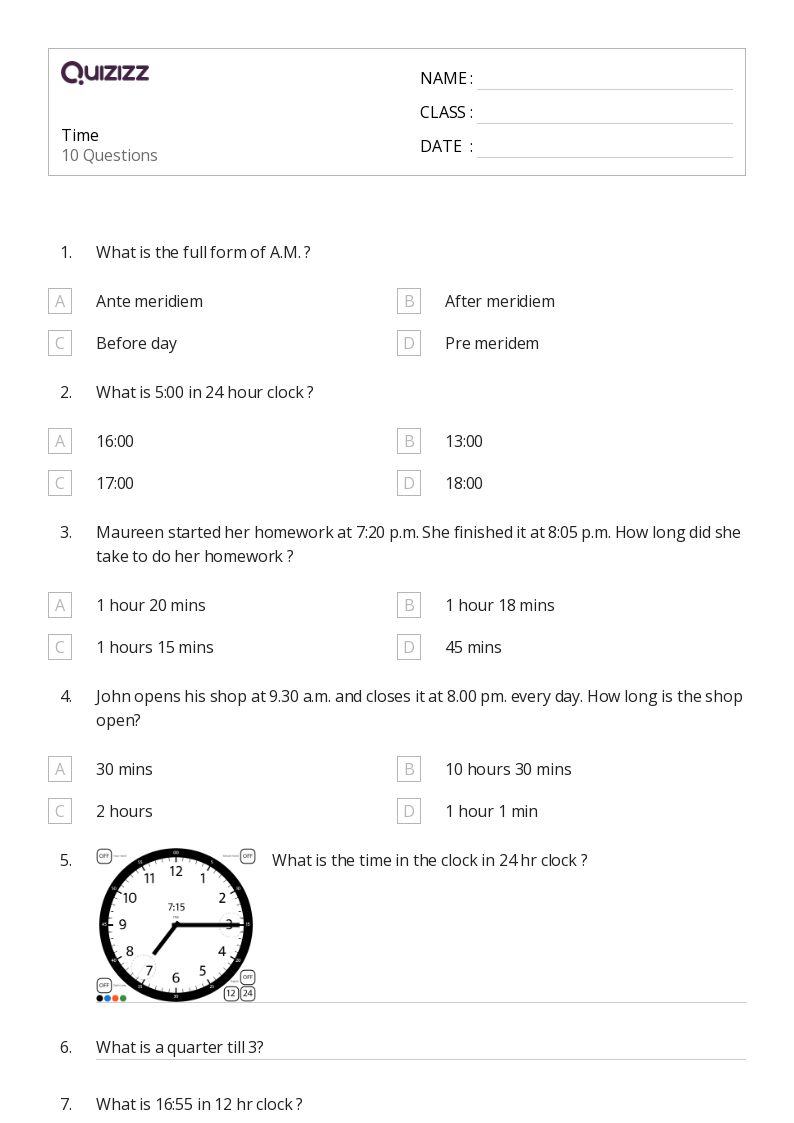 50+ Time worksheets for 4th Class on Quizizz Free & Printable