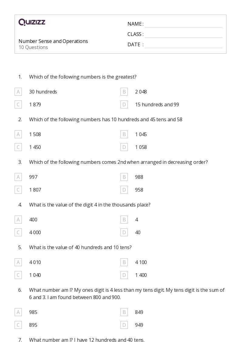 Printable Number Sense Worksheets for Grade 2 Quizizz